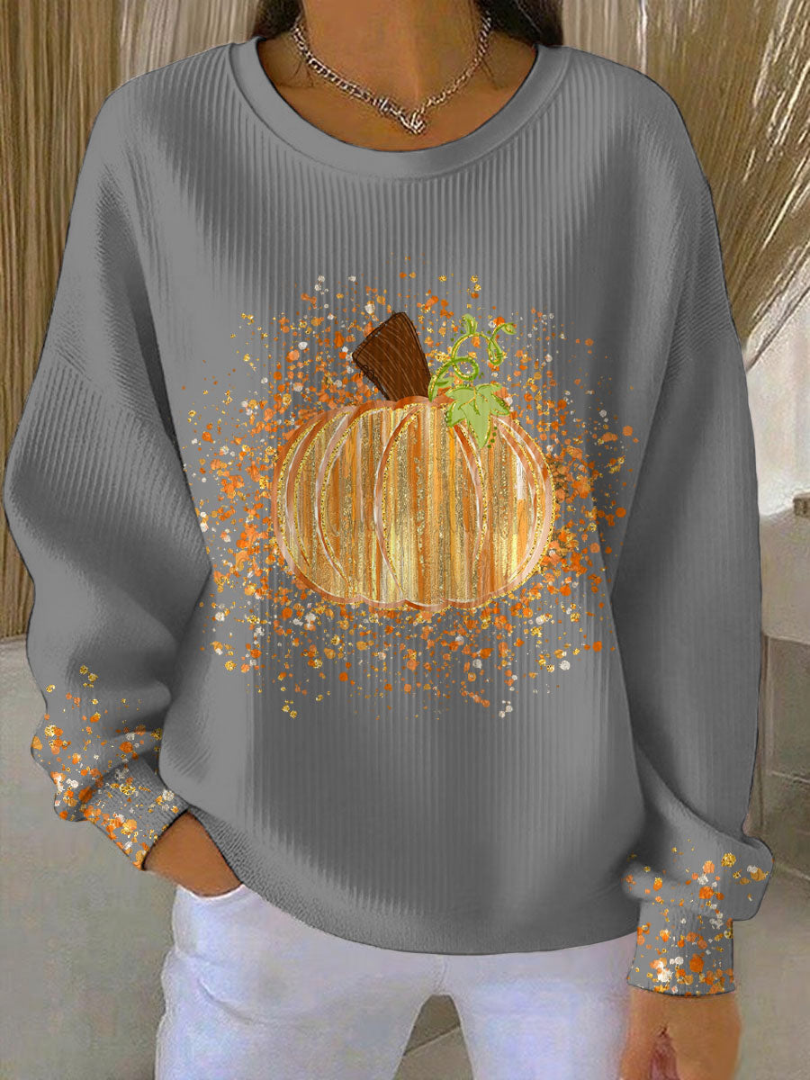 Damski sweter Halloween oversized z nadrukiem dyni i okrągłym dekoltem