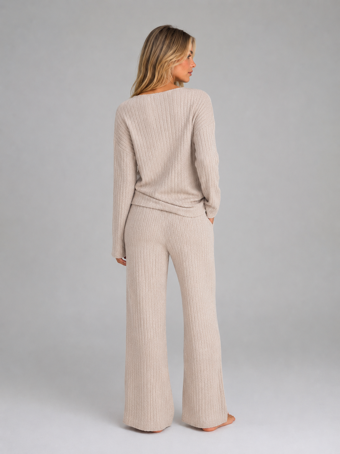 Zestaw Loungewear Damski Dzianina Kołnierz V Spodnie Szerokie