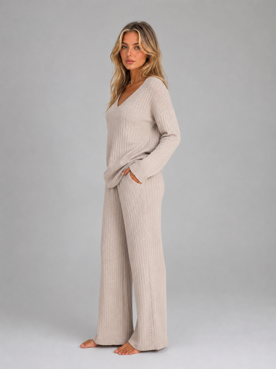 Zestaw Loungewear Damski Dzianina Kołnierz V Spodnie Szerokie