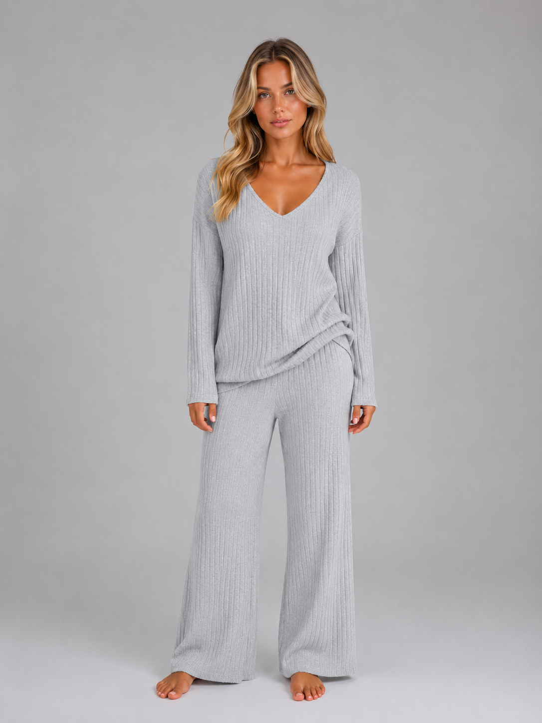 Zestaw Loungewear Damski Dzianina Kołnierz V Spodnie Szerokie