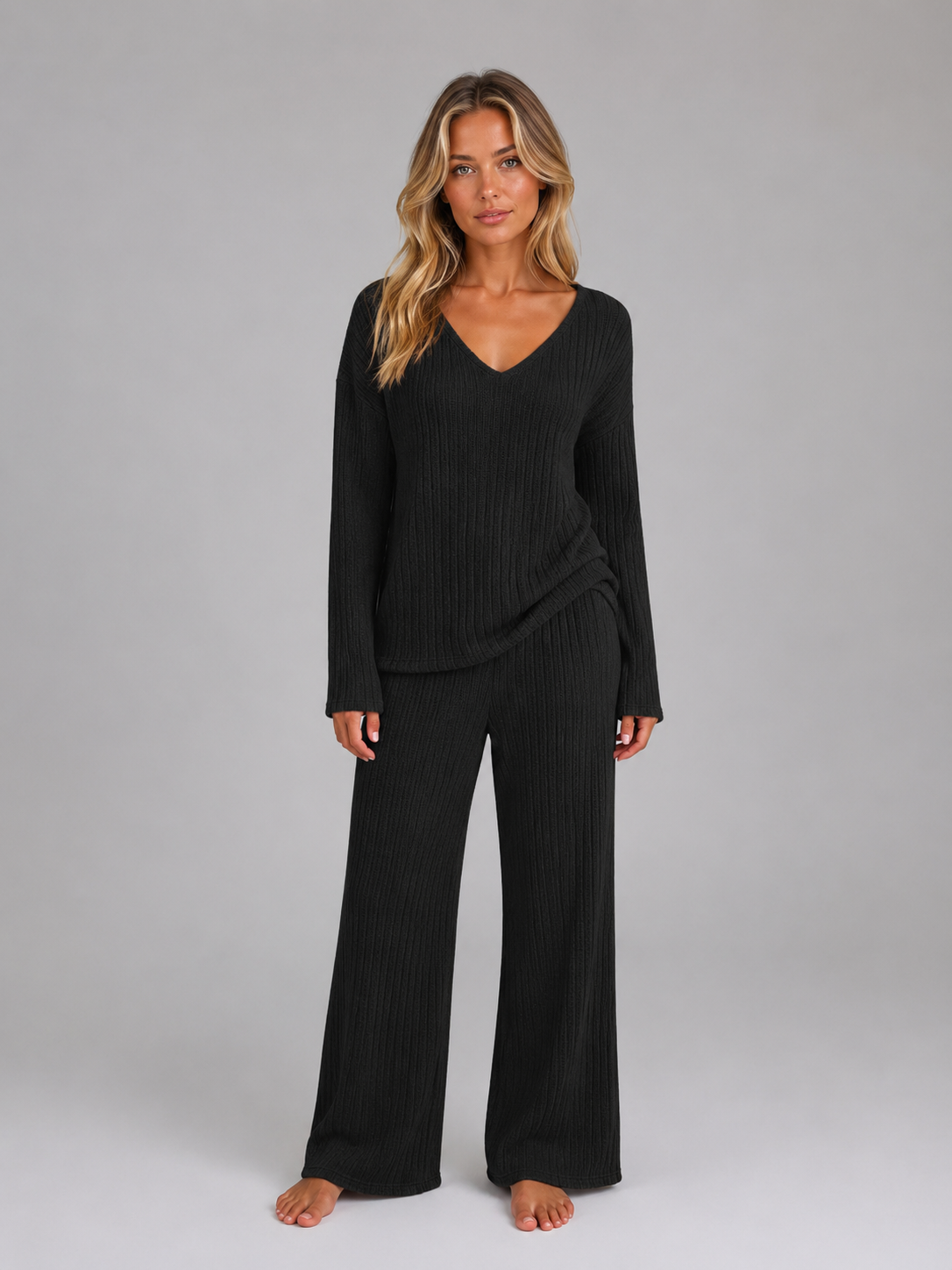 Zestaw Loungewear Damski Dzianina Kołnierz V Spodnie Szerokie