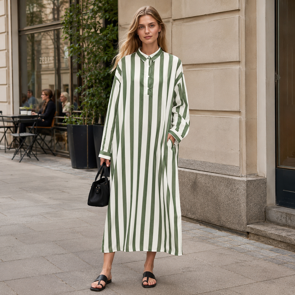 Damska Sukienka Maxi w Paski z Kołnierzem Koszulowym i Kieszeniami | Oversize | Letnia