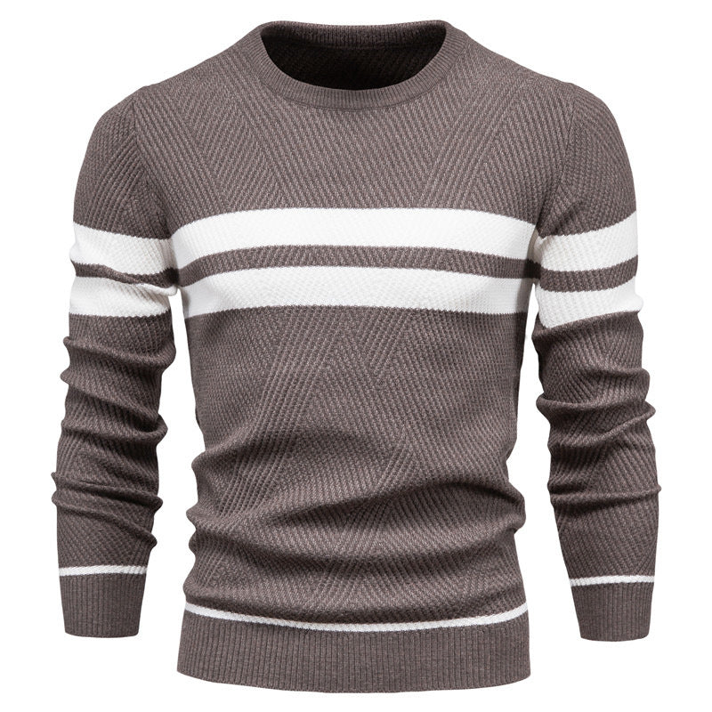 Męski sweter w paski - okrągły dekolt - klasyczny nowoczesny