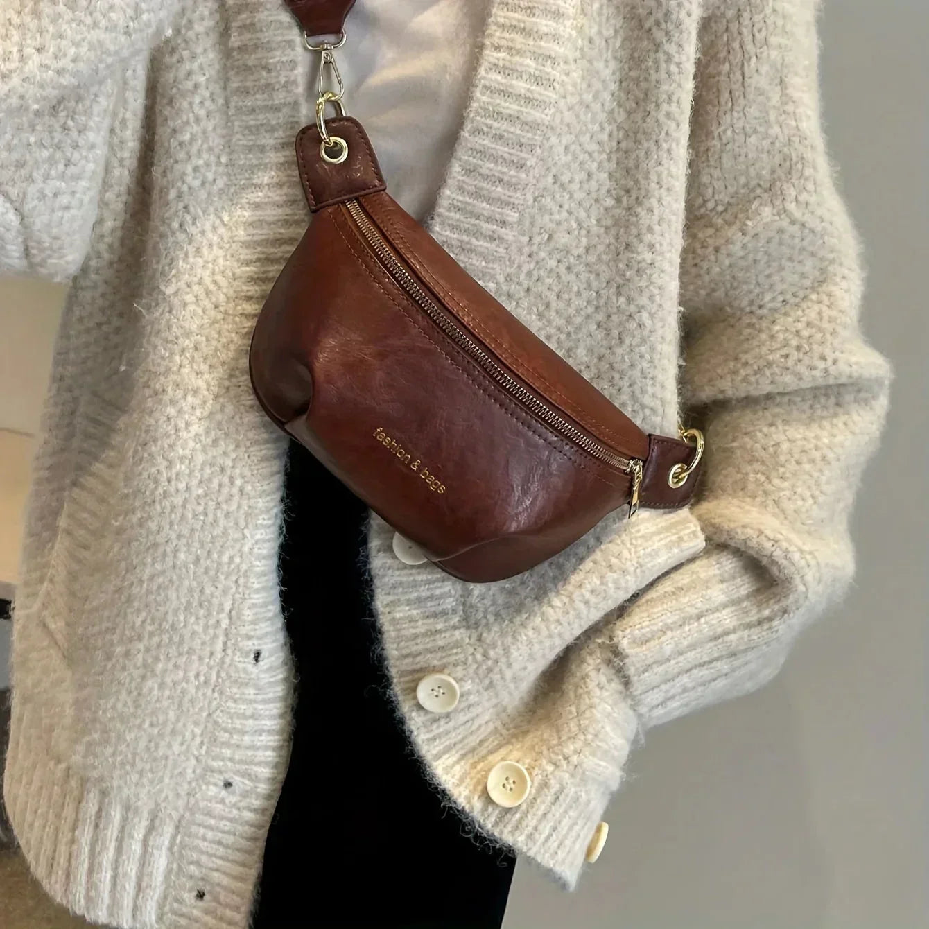Sac Banane Skórzany Damski | Bandoliera Regulowana, Zamki Suwakowe