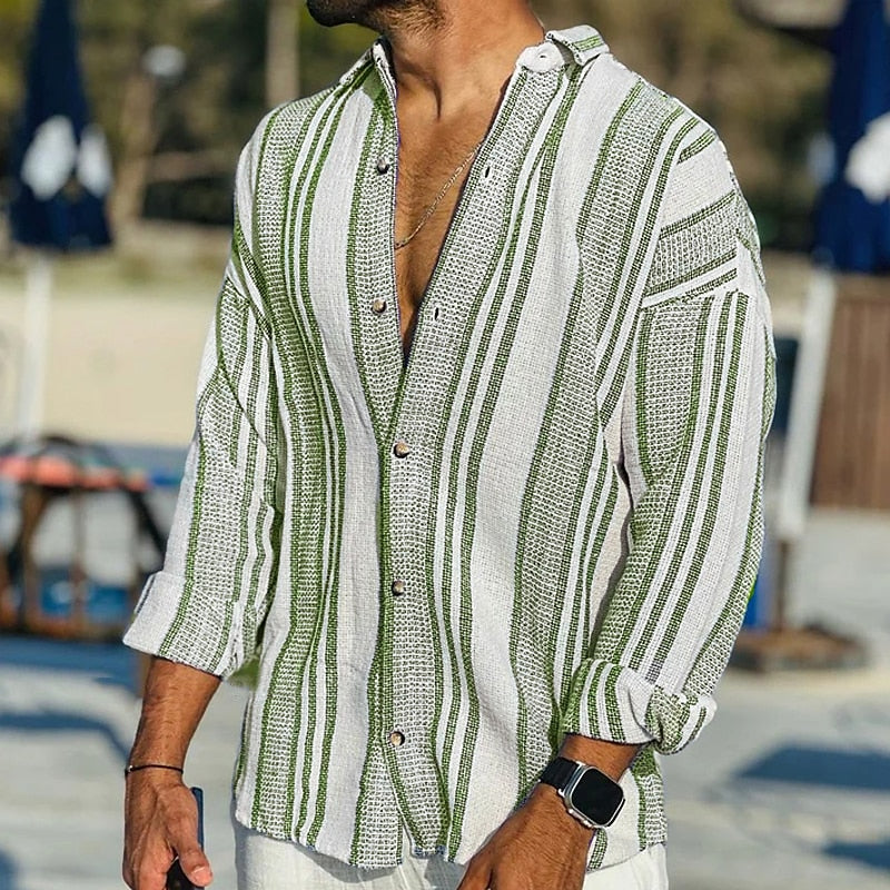 Casualna Koszula | Pasiasta, Długie Rękawy | Wygląd Lnu, Lato | Koszula na Guziki dla Mężczyzn