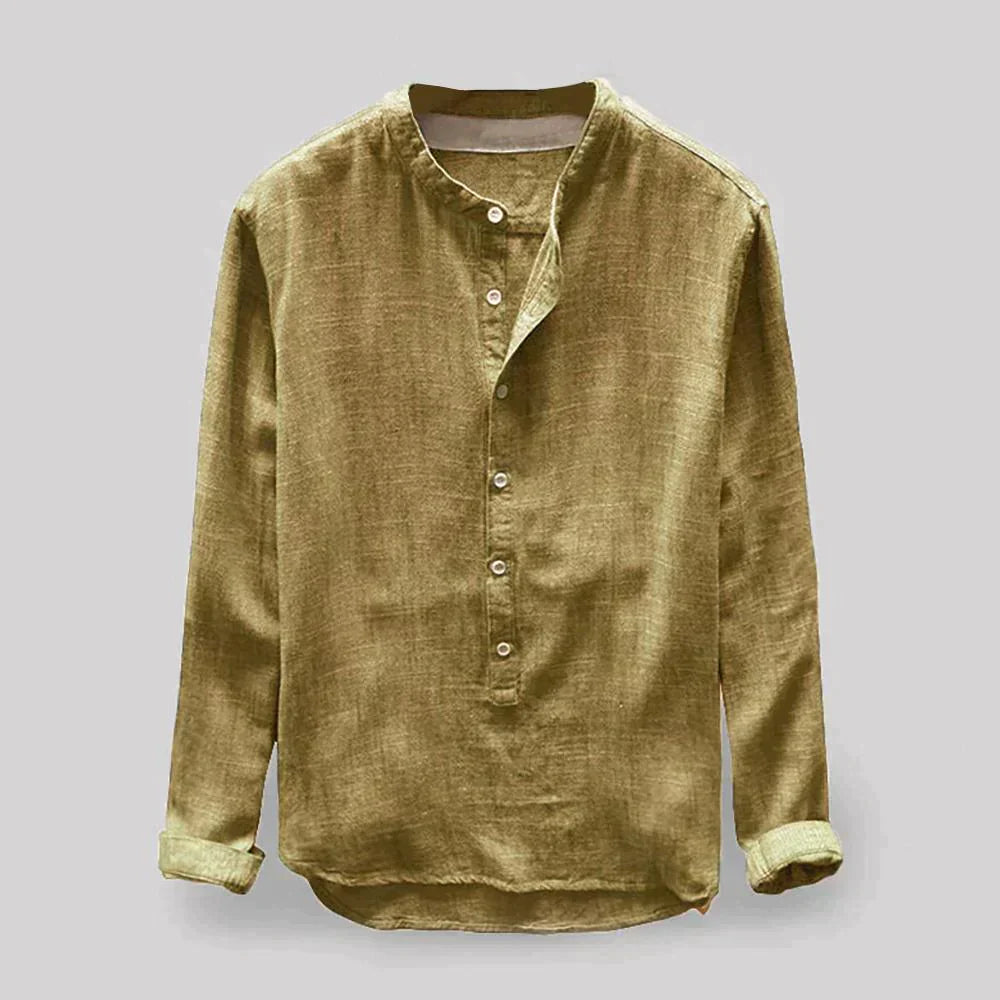 Tunika lniana męska | Kołnierz stojący, półdługa | Elegancka i casualowa koszula