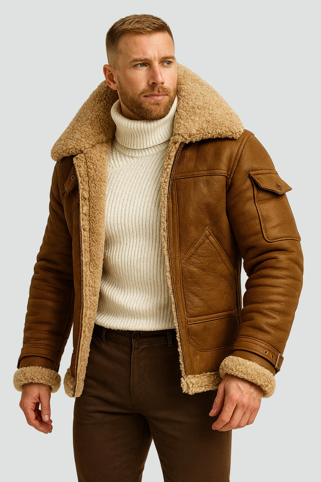 Męska Kurtka Aviator Skóra Sherpa Zimowa