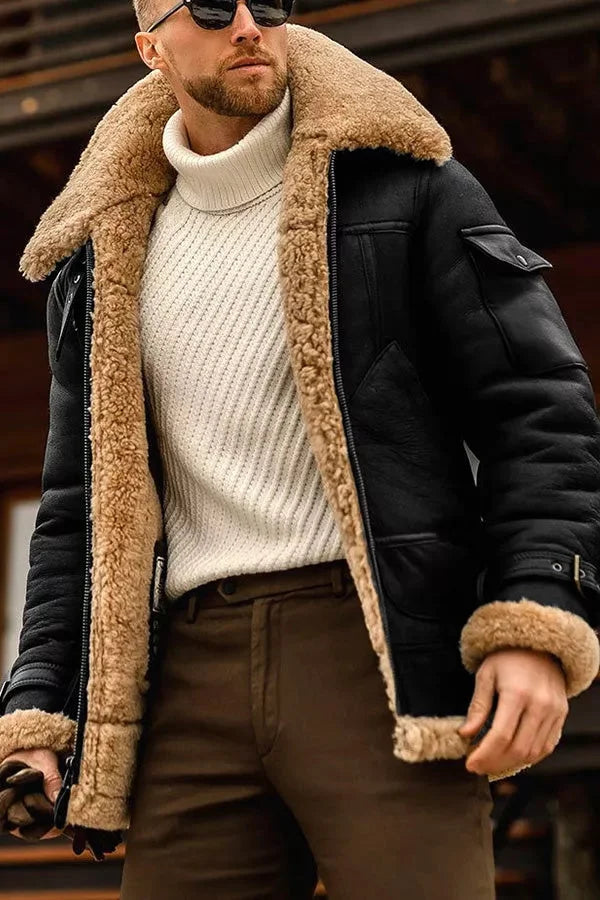 Męska Kurtka Aviator Skóra Sherpa Zimowa