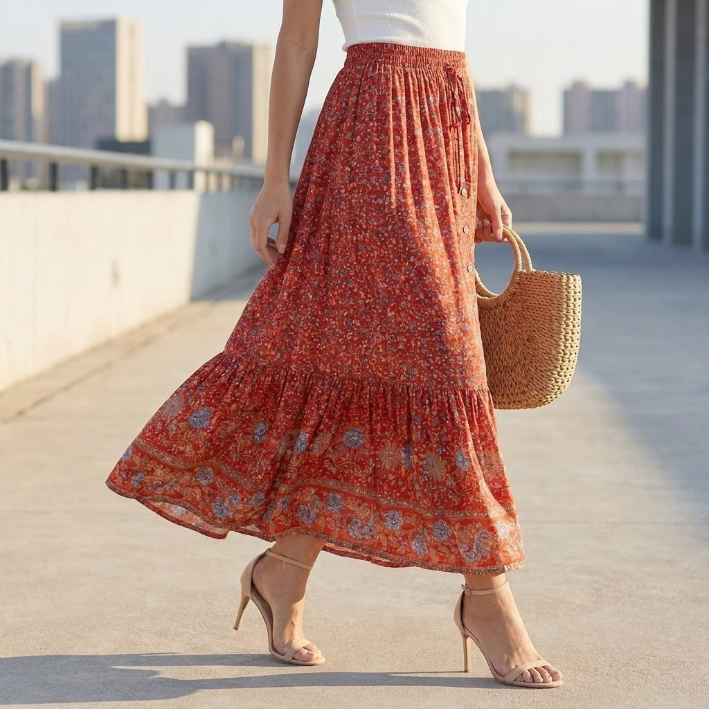 Spódnica Maxi Damska | Wzór Kwiatowy Bohemian, Layered Hem