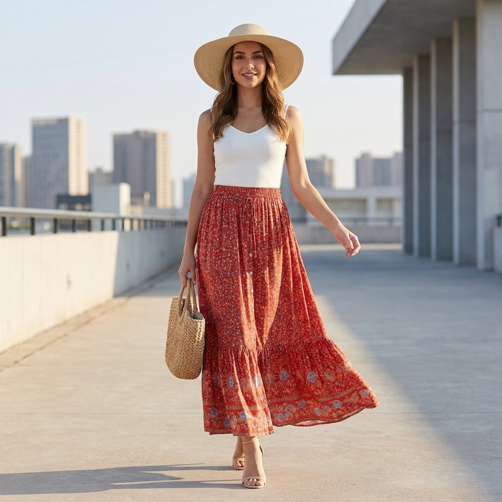 Spódnica Maxi Damska | Wzór Kwiatowy Bohemian, Layered Hem