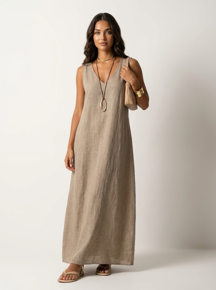 Sukienka maxi lniana | Bez rękawów, V-neck | Letnia