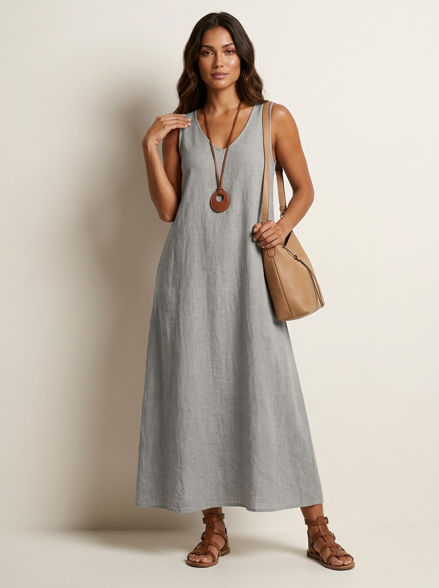 Sukienka maxi lniana | Bez rękawów, V-neck | Letnia
