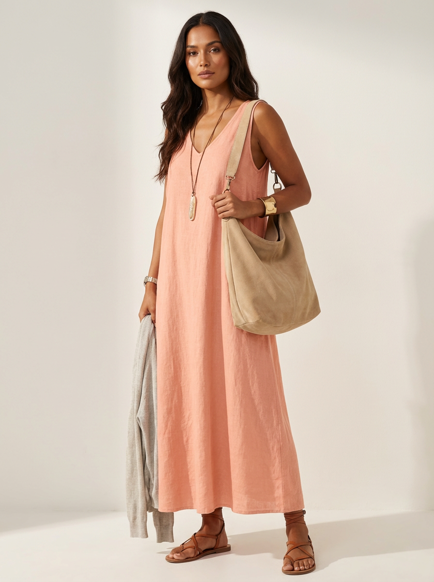Sukienka maxi lniana | Bez rękawów, V-neck | Letnia