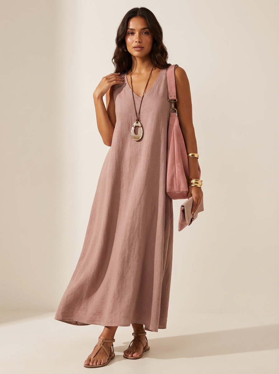 Sukienka maxi lniana | Bez rękawów, V-neck | Letnia