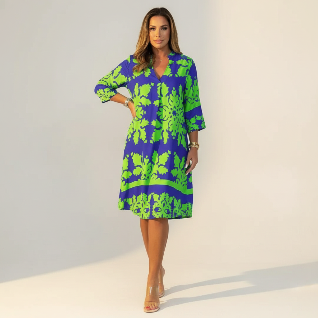 Sukienka midi boho | Dekolt V, rękawy trzy czwarte | Letnia