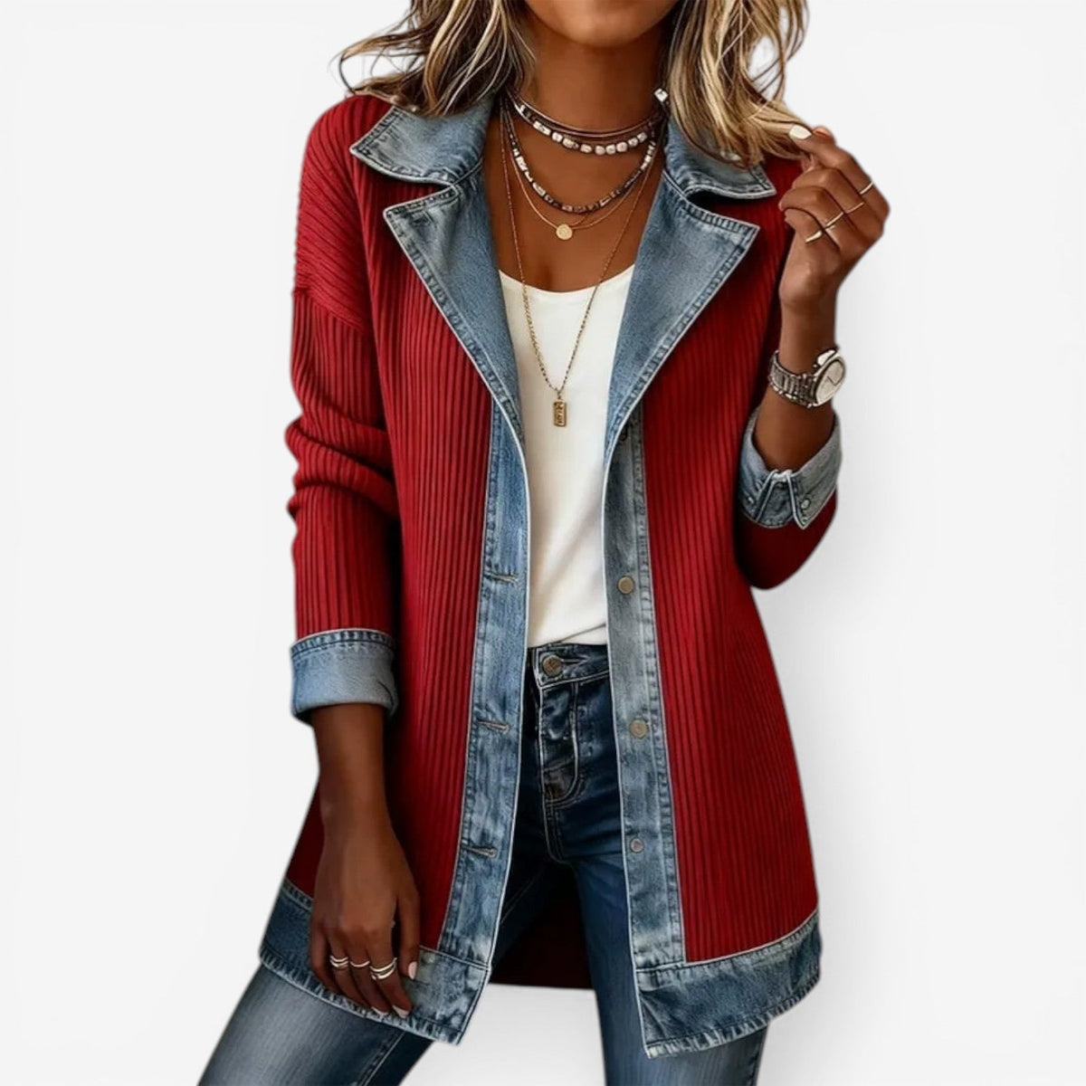 Damska kurtka z detalami denim warstwowy efekt luźny krój