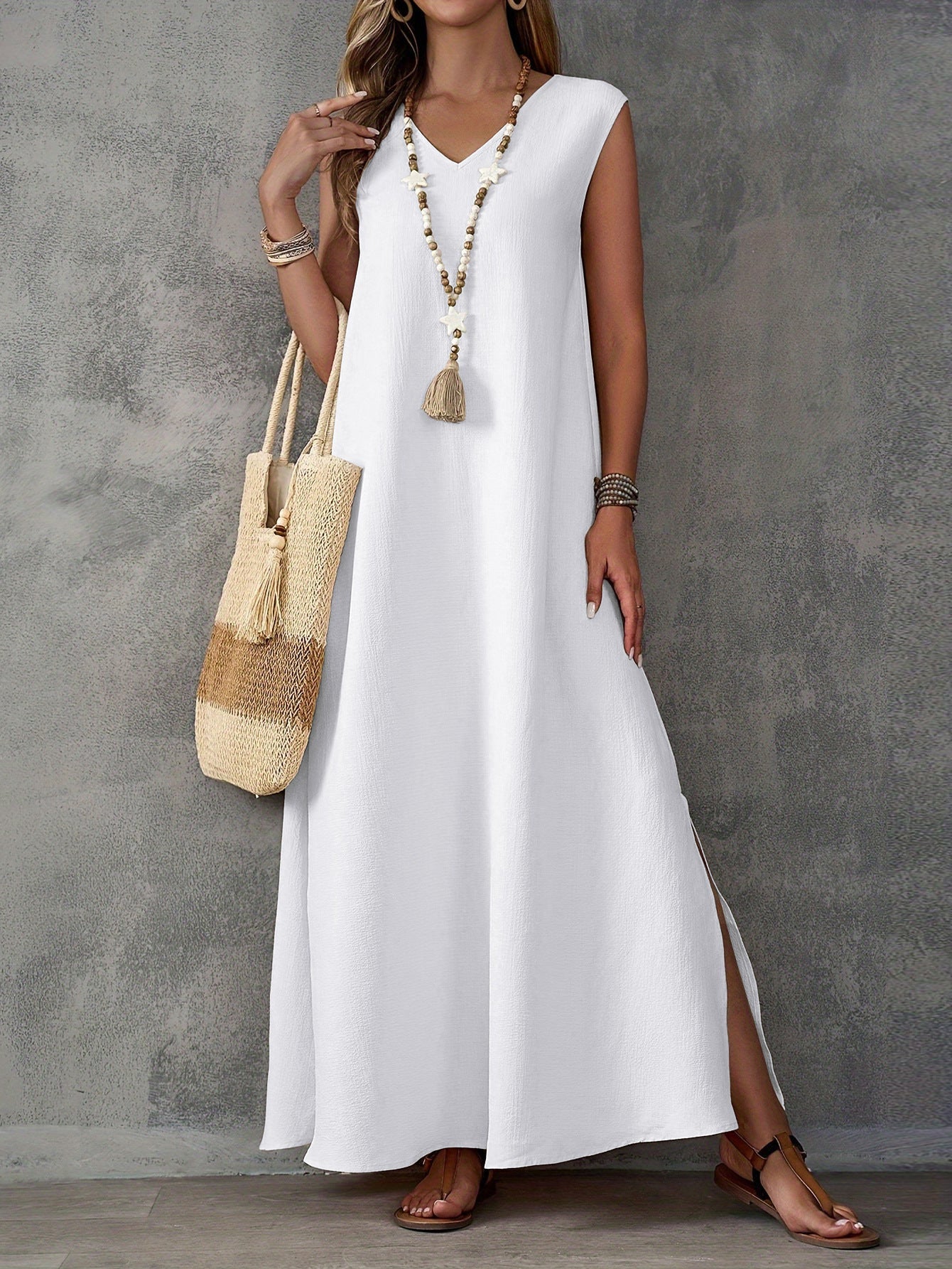 Sukienka maxi plażowa damska | V-neck, splot boczny | Lniana