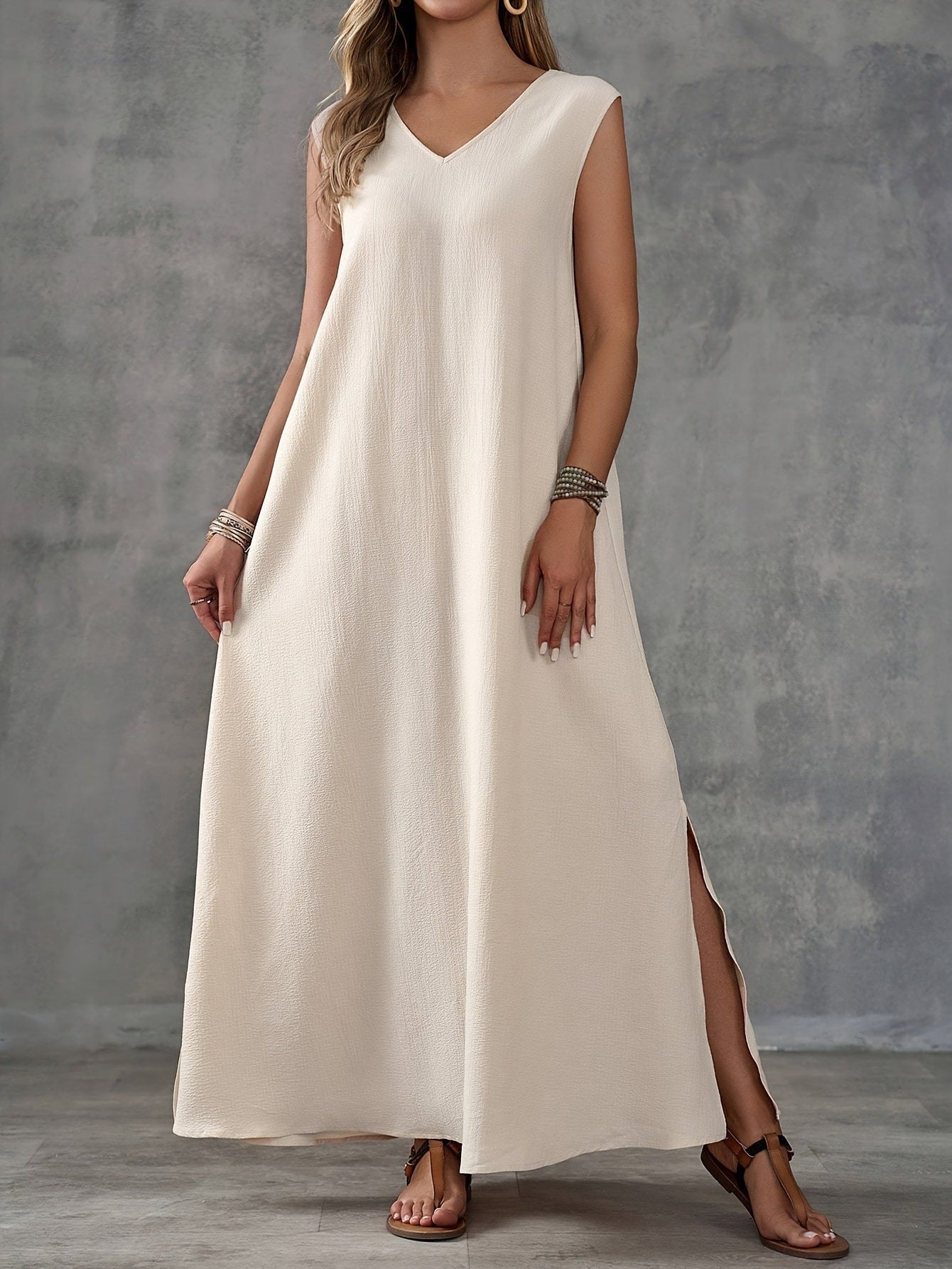 Sukienka maxi plażowa damska | V-neck, splot boczny | Lniana
