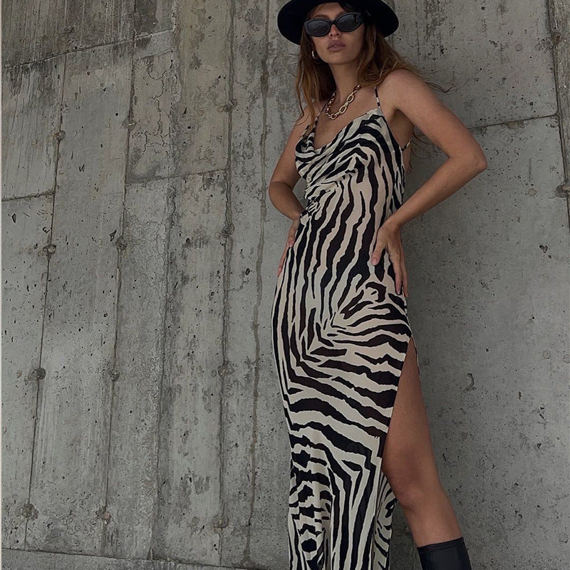 Sukienka maxi plażowa damska | Zebra, Wysoki rozcięcie | Przepadająca szyjka