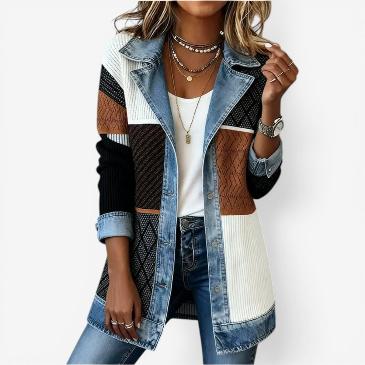 Damska kurtka z detalami denim warstwowy efekt luźny krój