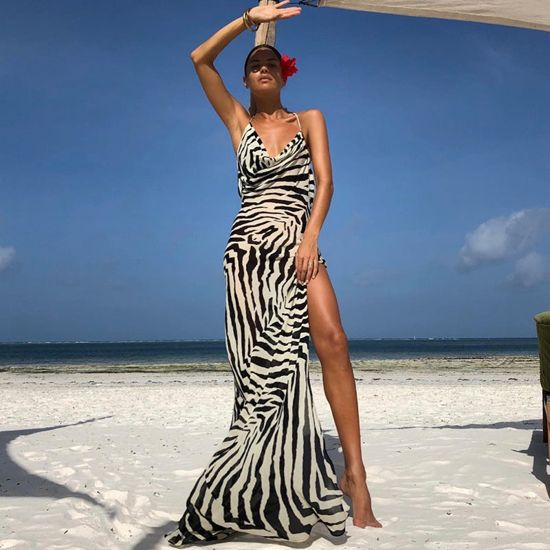Sukienka maxi plażowa damska | Zebra, Wysoki rozcięcie | Przepadająca szyjka