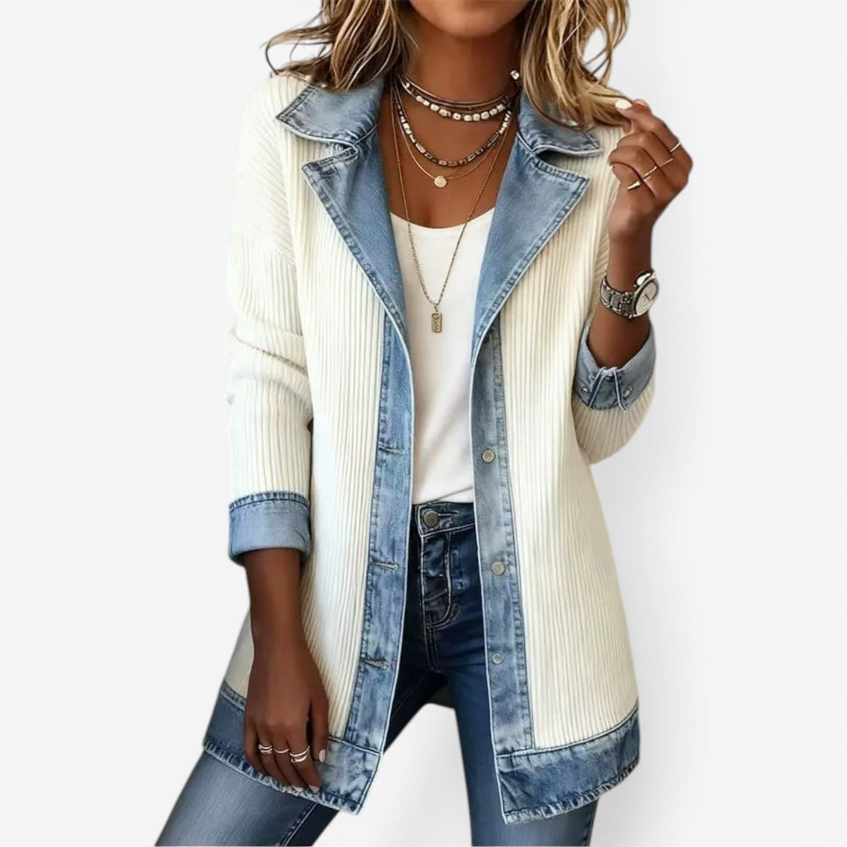 Damska kurtka z detalami denim warstwowy efekt luźny krój