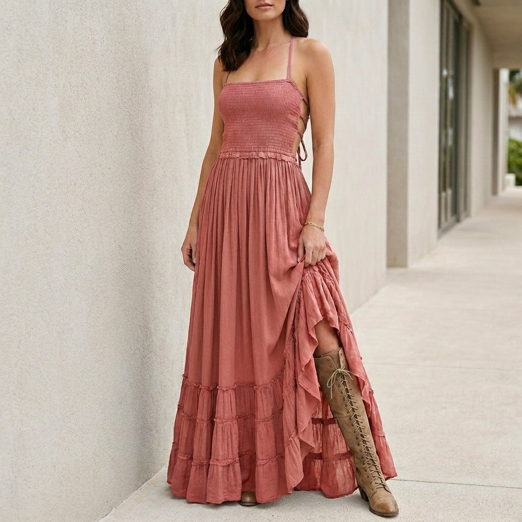 Sukienka Maxi | Otwarte Plecy, Zbierany Top | Letni Styl Boho