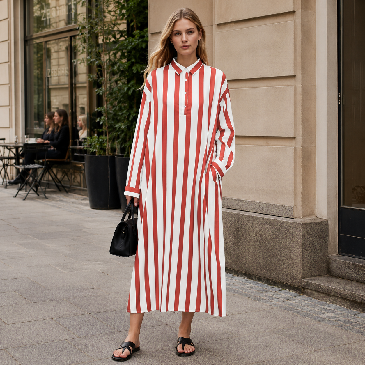 Damska Sukienka Maxi w Paski z Kołnierzem Koszulowym i Kieszeniami | Oversize | Letnia