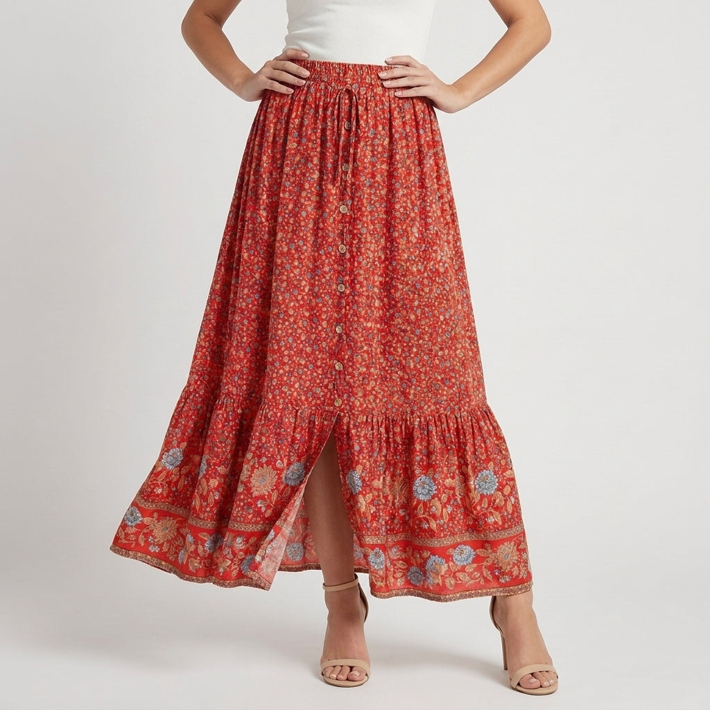 Spódnica Maxi Damska | Wzór Kwiatowy Bohemian, Layered Hem
