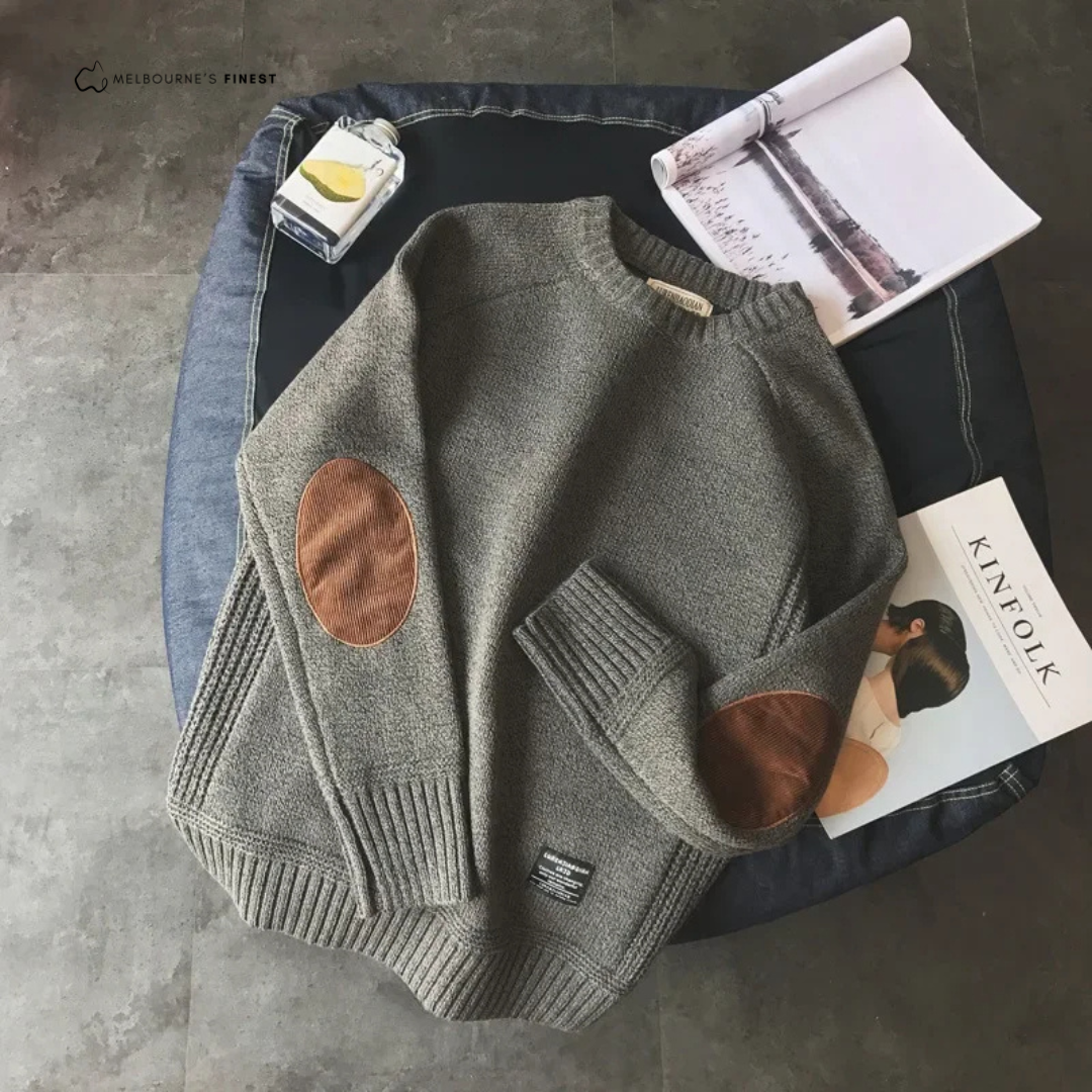 Męski sweter crew neck z naszywkami na łokciach i prążkowanym wykończeniem