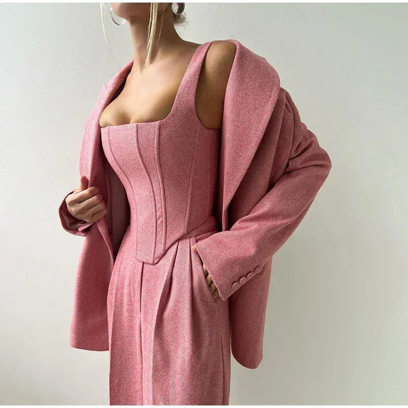 Damskie Spodnie Garnitur | Top Corset, Blazer i Spodnie Proste