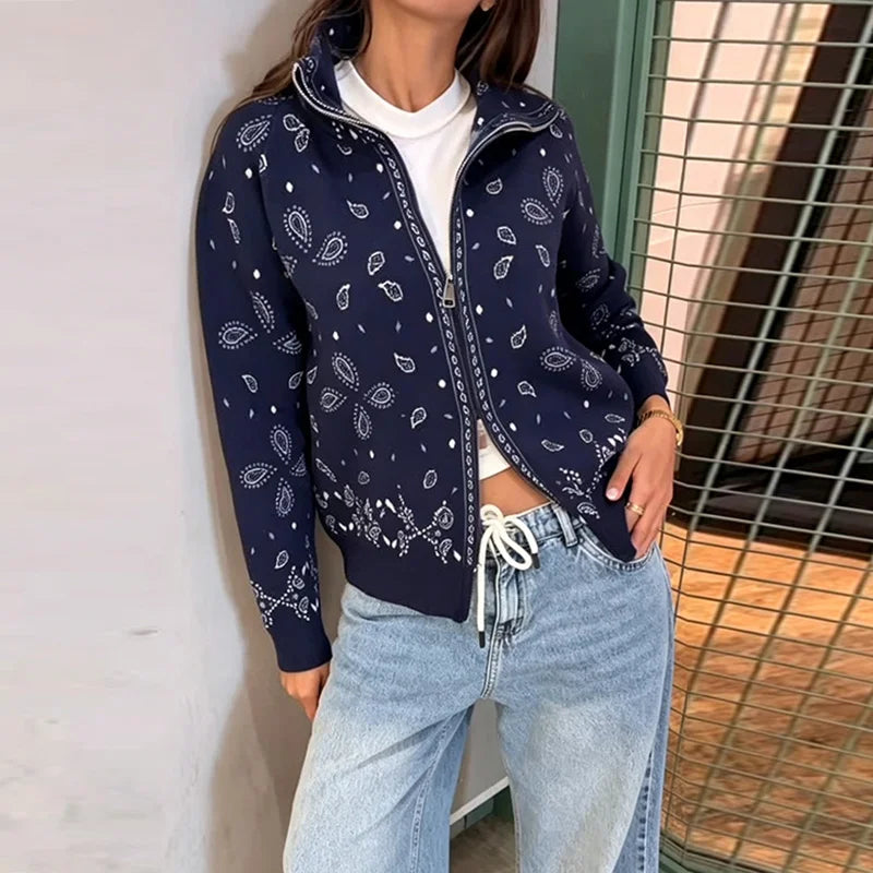 Damski cardigan z nadrukiem vintage z zamkiem i golfem długi rękaw