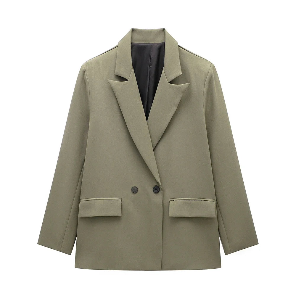 Damski kardigan blazer dwurzędowy długi rękaw z kieszeniami vintage