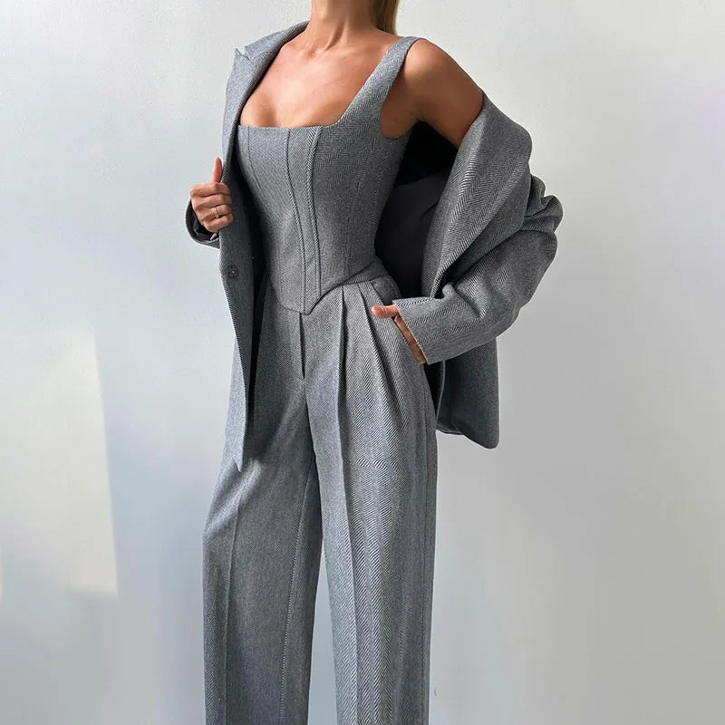Damskie Spodnie Garnitur | Top Corset, Blazer i Spodnie Proste