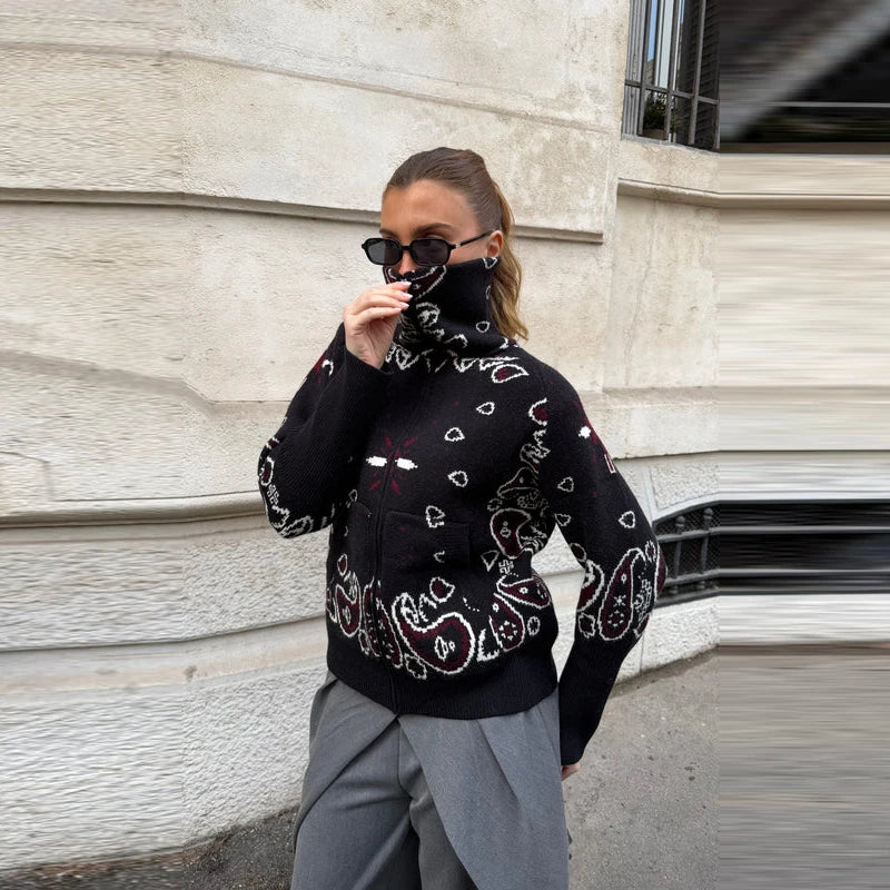 Damski cardigan z nadrukiem vintage z zamkiem i golfem długi rękaw