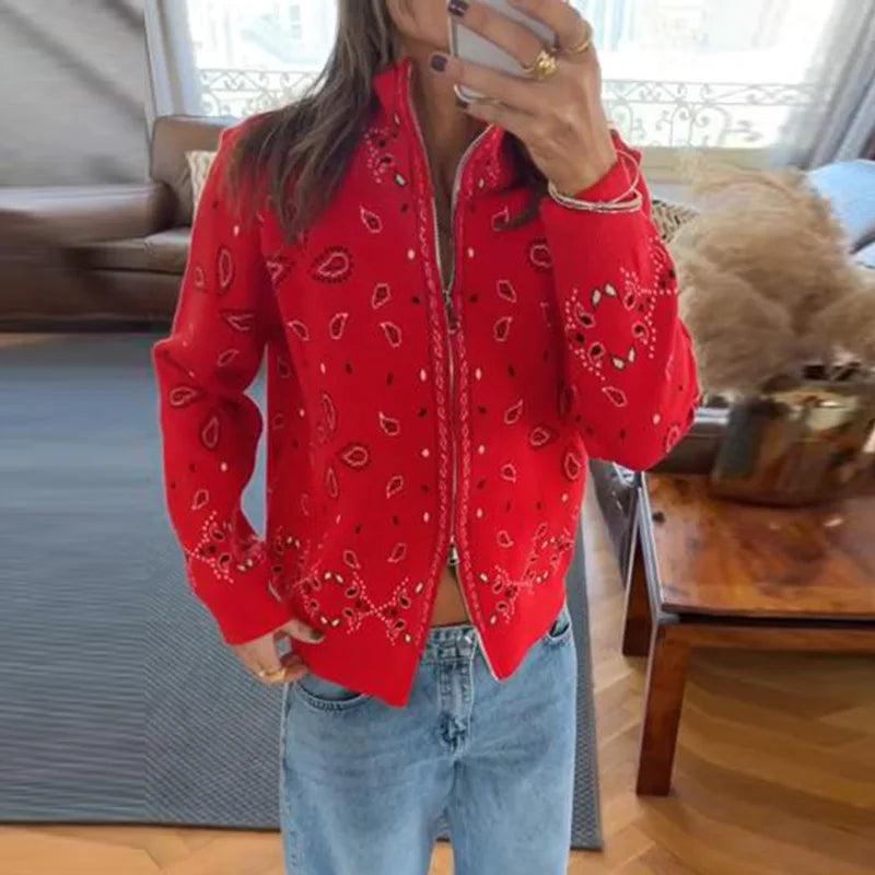 Damski cardigan z nadrukiem vintage z zamkiem i golfem długi rękaw