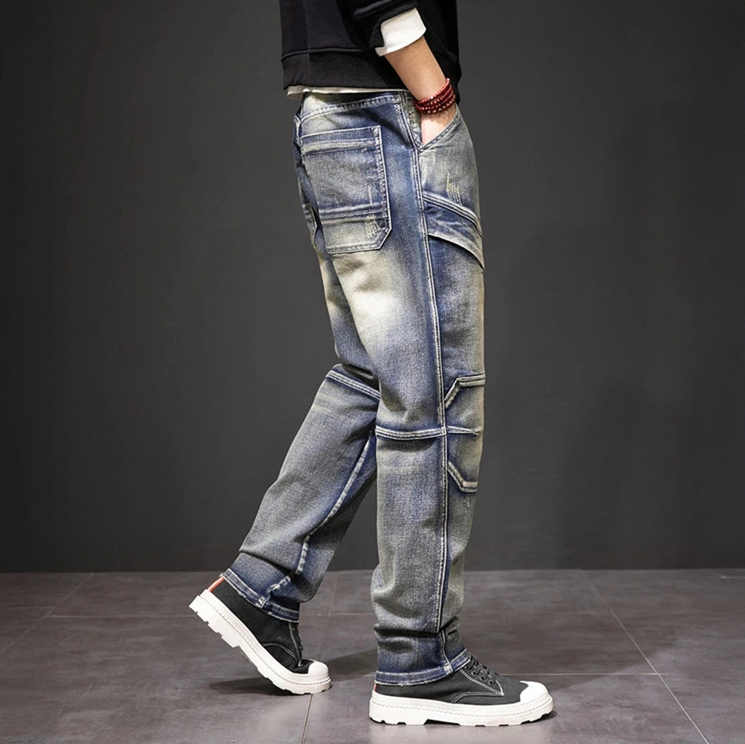 Męskie Jeansy Cargo Denim Prosty Fason