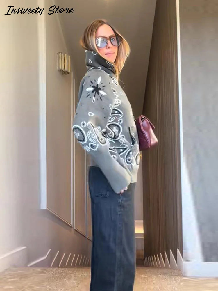 Damski cardigan z nadrukiem vintage z zamkiem i golfem długi rękaw
