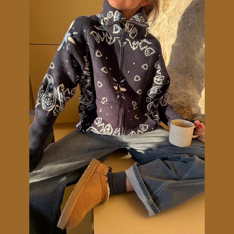 Damski cardigan z nadrukiem vintage z zamkiem i golfem długi rękaw
