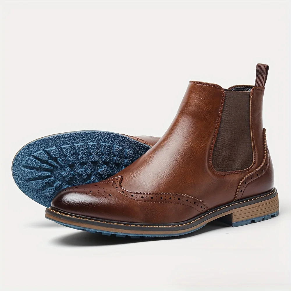 Męskie klasyczne botki Chelsea - styl brogue - ponadczasowy design
