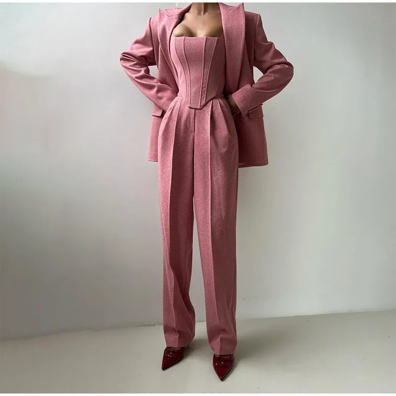 Damskie Spodnie Garnitur | Top Corset, Blazer i Spodnie Proste