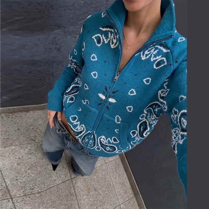 Damski cardigan z nadrukiem vintage z zamkiem i golfem długi rękaw