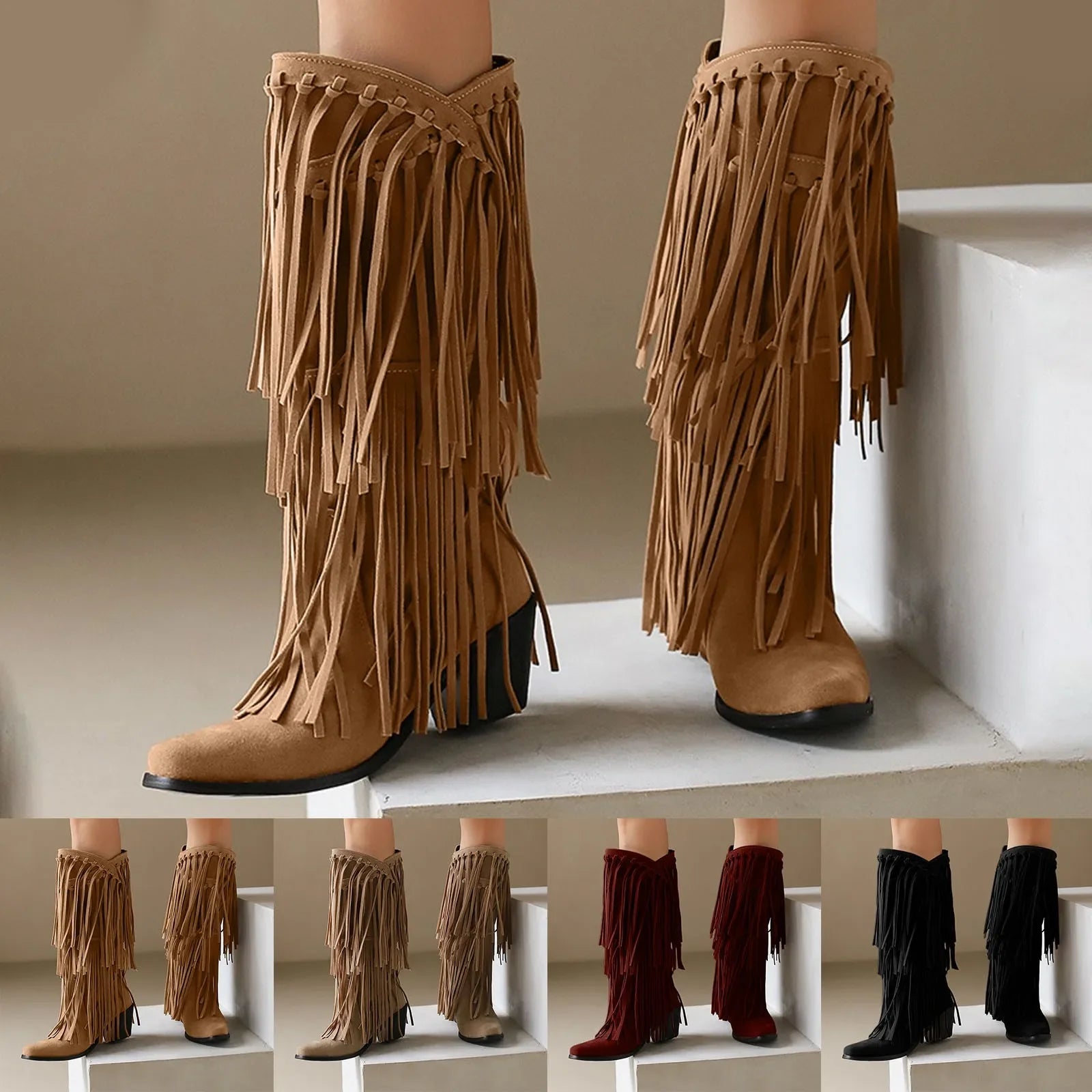 Buty Kowbojskie z Frędzlami | Wysoki Krój, Wielbłądzi Kolor