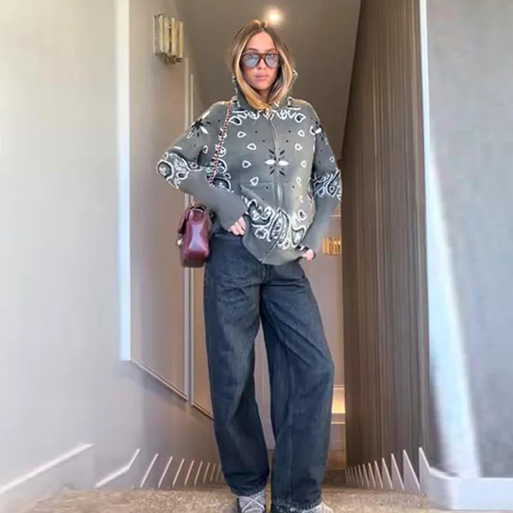 Damski cardigan z nadrukiem vintage z zamkiem i golfem długi rękaw
