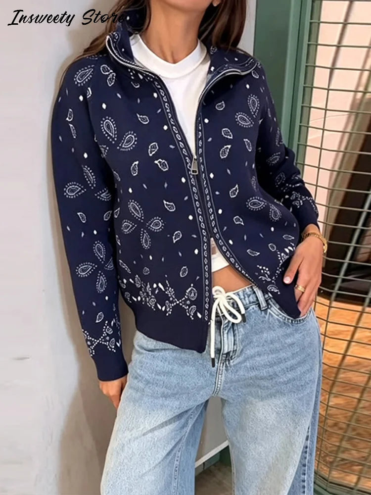 Damski cardigan z nadrukiem vintage z zamkiem i golfem długi rękaw