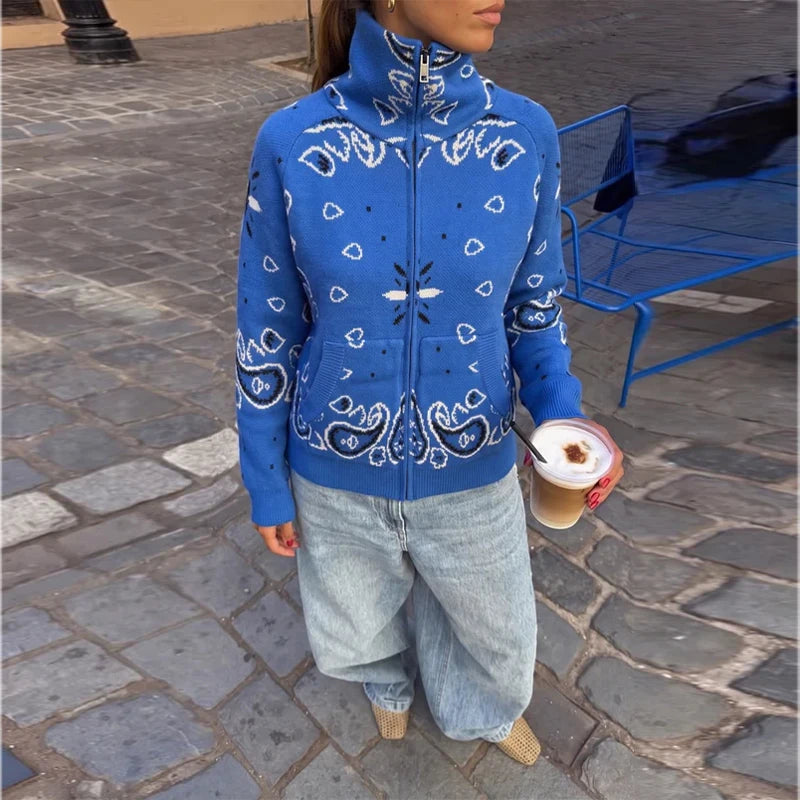 Damski cardigan z nadrukiem vintage z zamkiem i golfem długi rękaw