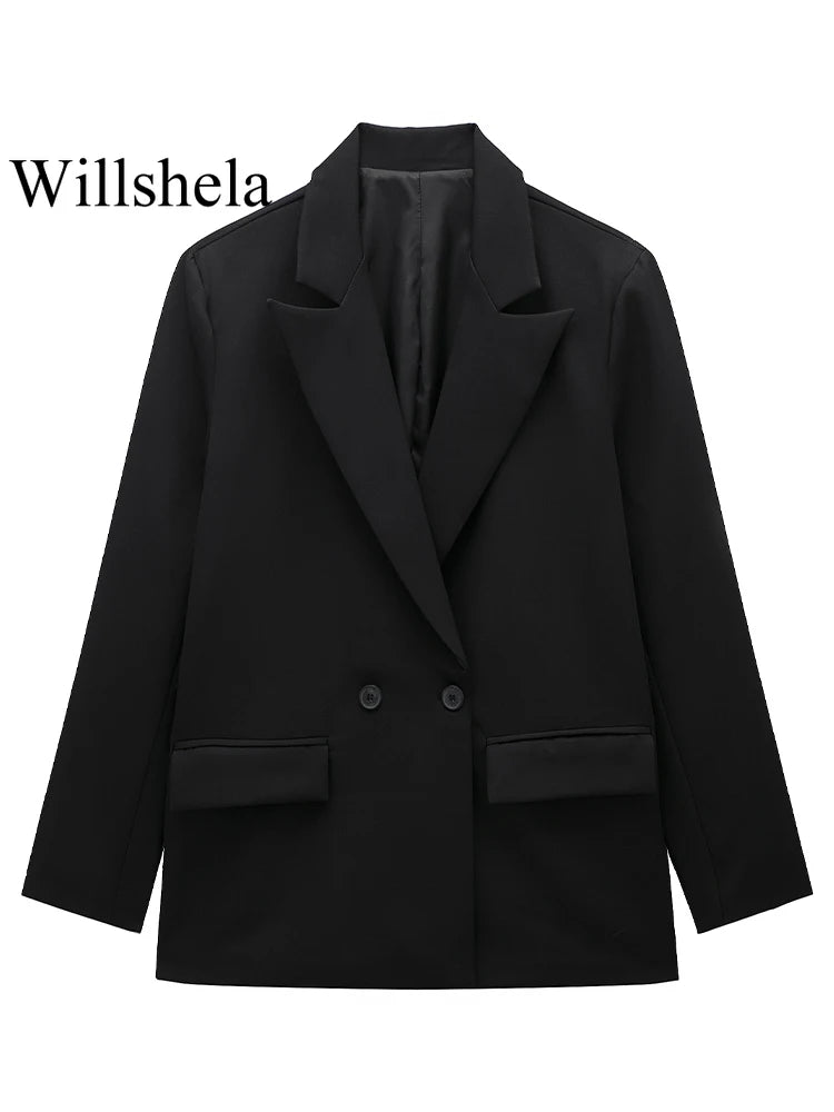 Damski kardigan blazer dwurzędowy długi rękaw z kieszeniami vintage