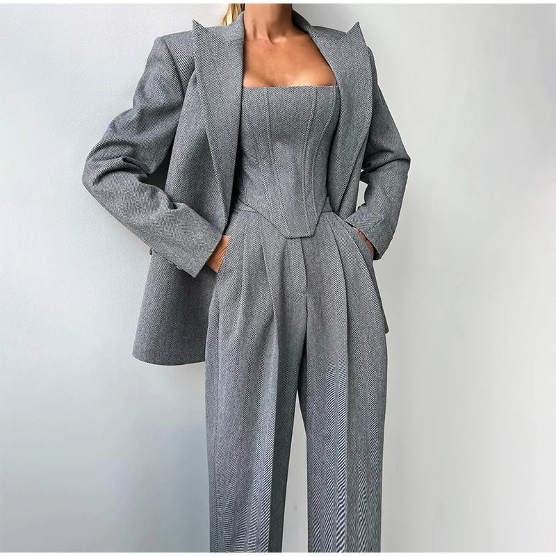 Damskie Spodnie Garnitur | Top Corset, Blazer i Spodnie Proste