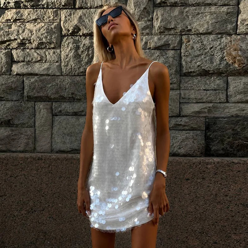 Sukienka Cekinowa Mini | Damska, Dekolt V | Odkryte Plecy, Elegancka