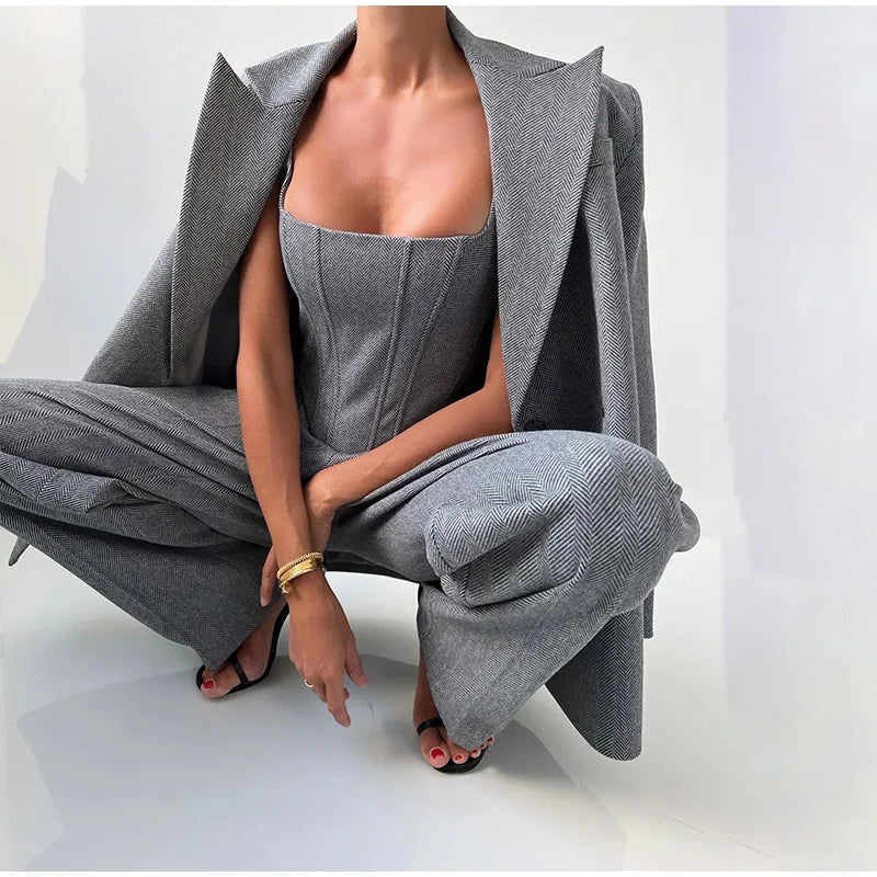 Damskie Spodnie Garnitur | Top Corset, Blazer i Spodnie Proste